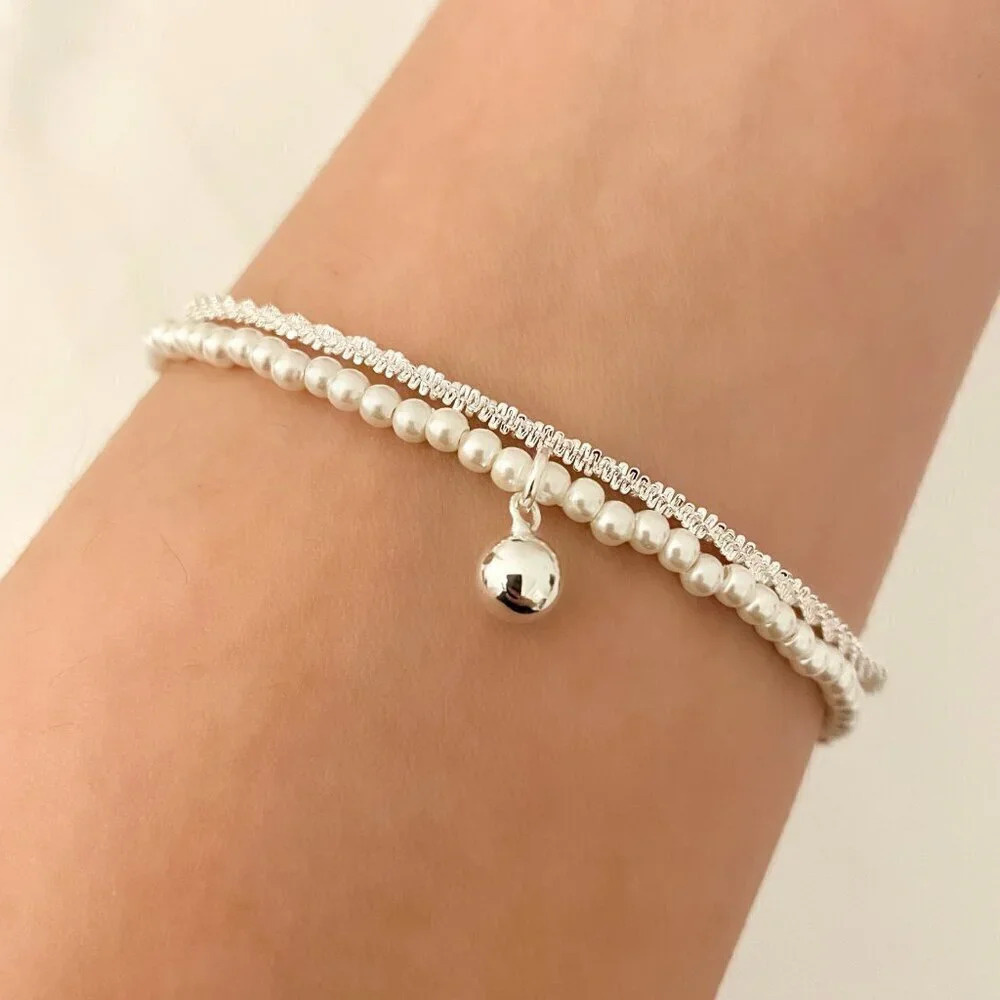 925 Sterling Silver Two Layer Bracelet Dainty Shiny Sequin & Pearl Bracelet